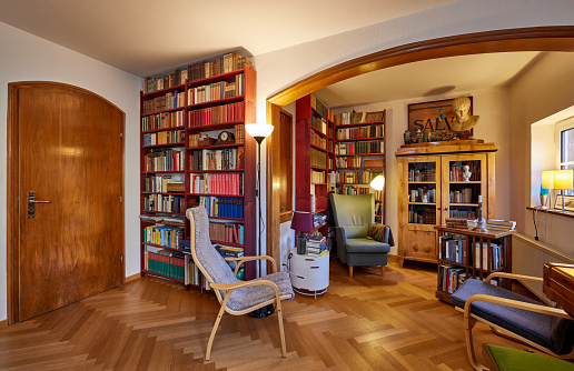 Library, door, chairs and window, parquet floor