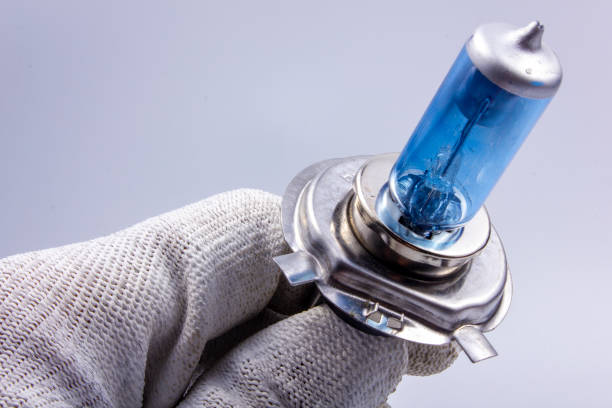 istock Old, broken, car bulb, H4, blue, broken in the hand on a gray background 1446532351