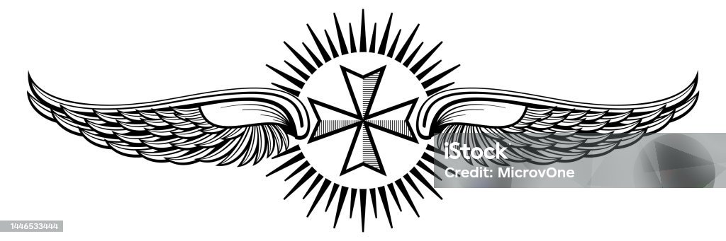 Winged Cross Vector Heraldic Winged Cross Engraving Religious Badge Emblem Isolated On ...