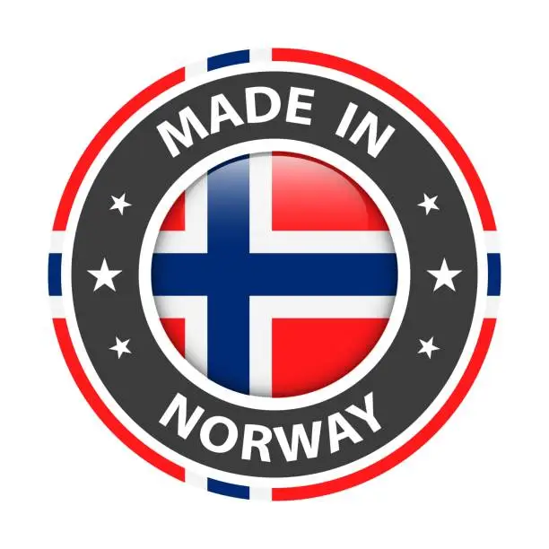 Vector illustration of Made in Norway badge vector. Sticker with stars and national flag. Sign isolated on white background.