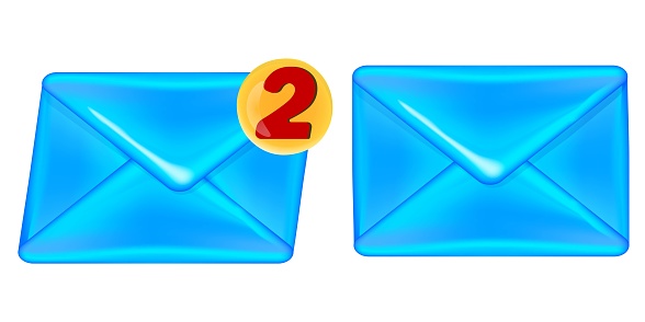 3d blue mail envelope icon with new message marker isolated on white background. Email notification. 3d realistic vector