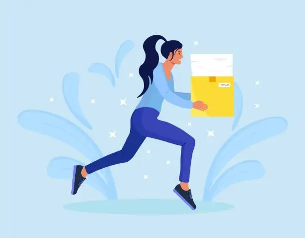 Vector illustration of Businesswoman is fast running with documents in carton box. Time is money. Busy stressed woman rushing hurry to get on time. Work problem, deadline fail, overtime job.