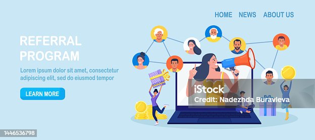 istock Refer a friend. Social media marketing, referral program. People share information with affiliate referrals and making money. Woman tell her friends about action and all benefited 1446536798