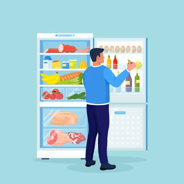Vector illustration of Hungry or thirsty man stands by the fridge chooses food. Open refrigerator full of vegetables, fruits, meat and dairy products