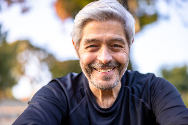 Portrait of a Senior man at a workout stock photo