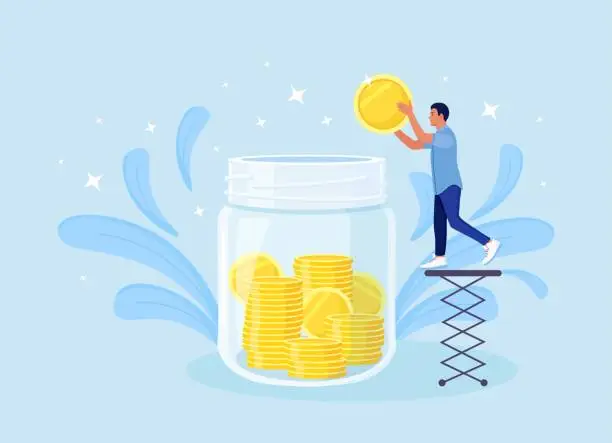 Vector illustration of Tiny male character collect golden coins into huge glass jar. Man make savings, collecting money in account, open bank deposit. Family Finance Budget. Donate, charity campaign