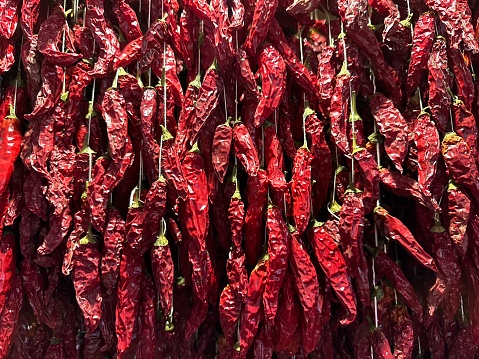 Dried peppers and chilies on Farmers Market in Funchal, Madeira, Portugal
