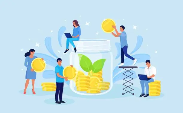 Vector illustration of Volunteers giving money. Donation, charity, support concept. Tiny characters throw coins into huge glass jar for donate. People make savings, collecting currency in account, open bank deposit