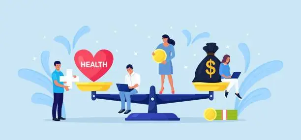 Vector illustration of Money and health balance. Healthcare, wealth earning on scales. Stack of cash versus red heart on scale. Imbalance of lifestyle and work. Tiny people compare business stress and healthy life