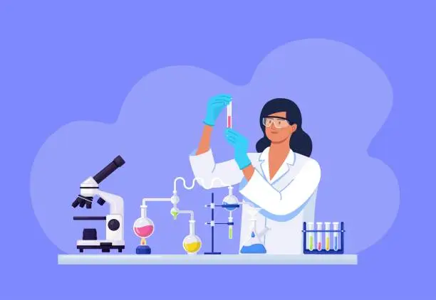 Vector illustration of Young beautiful woman chemist with flasks with liquid in hand. Scientist girl is experimenting with equipment for vaccine discovery. Girl working on antiviral treatment development