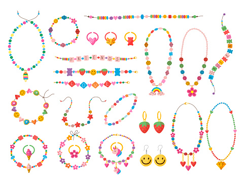 Kids plastic beads. Fashioned colored jewelry elements 90s style recent vector plastic accessory of retro bracelet, fashion beads illustration