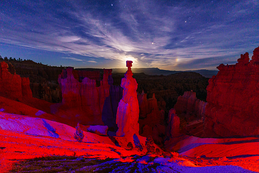 Rock Formation Light Painting Bryce Canyon Utah - Night photography with sky full of stars and colorful light painting on rock features.