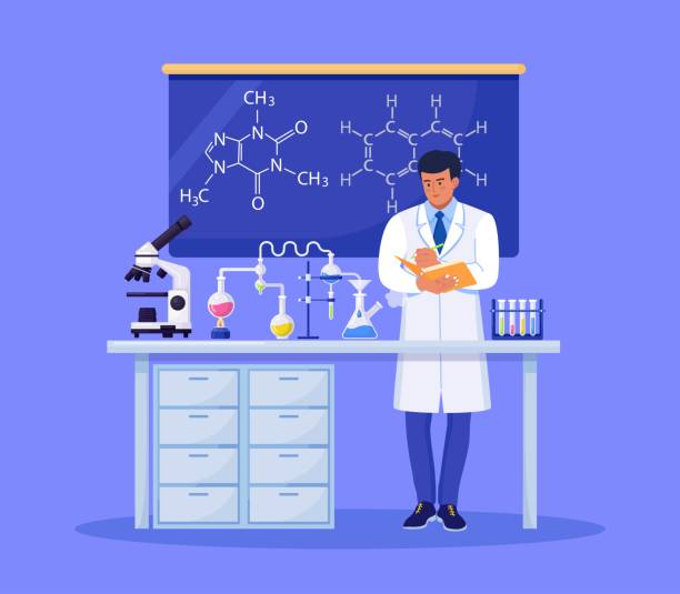 폴더를 가진 남자 화학자는 과학자가 실험실에서 백신 발견을 위한 장비를 실험하고 있는 결과를 기록합니다. 항 바이러스 치료 개발에 종사하는 의사 - genetic research chemist writing science stock illustrations