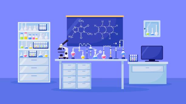 研究、分析のための化学研究室。化学教室での科学機器、顕微鏡、有毒液体を含むフラスコ。微生物学科学における医薬実験医療機関 - medical research backgrounds laboratory chemistry class点のイラスト素材／クリップアート素材／マンガ素材／アイコン素材