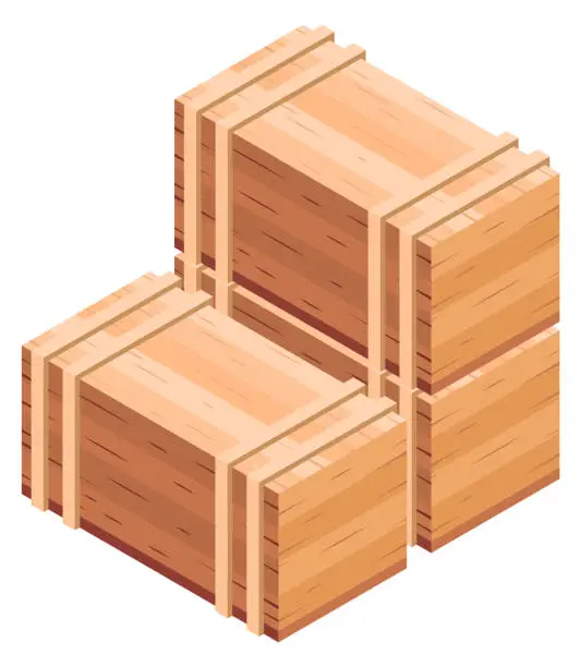 Vector illustration of Crate stack. Wooden cargo container pile. Isometric icon