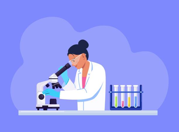 Young woman scientist looking through a microscope in a laboratory doing chemical research, microbiological analysis or medical test vector art illustration