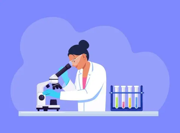 Vector illustration of Young woman scientist looking through a microscope in a laboratory doing chemical research, microbiological analysis or medical test