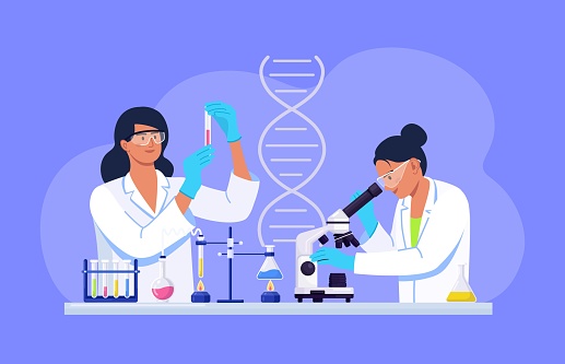 Young woman scientist looking through a microscope in a laboratory doing chemical research, microbiological analysis, test. Biochemical science laboratory staff performing experiments of vaccine