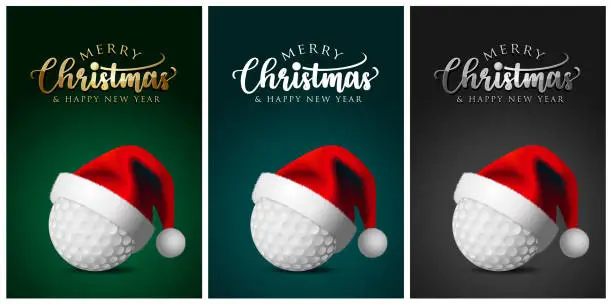 Vector illustration of Golf balls and Santa Claus hat - Merry christmas Greeting Cards - vector design illustration Set of green - blue - black Background