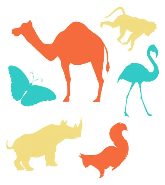 Vector illustration of Color animal silhouettes set. Wildlife fauna icon isolated on white