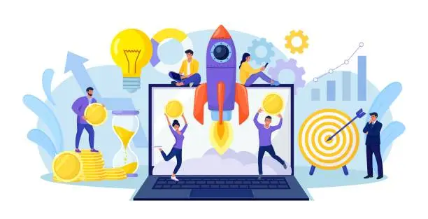 Vector illustration of Successful startup launch. Space rocket flies up with graphs charts and diagram on laptop screen. Tiny businessmen developing business project with new ideas, vision, growth strategy, innovation