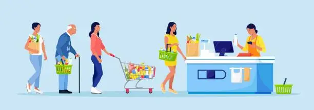 Vector illustration of Customers stand in line at grocery supermarket with goods in shopping trolley. Woman put buys on cashier desk for paying. Queue in Store. Grocery Purchases