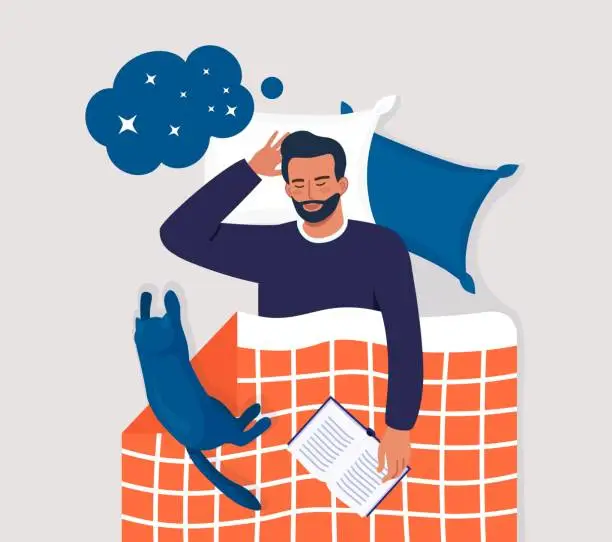 Vector illustration of Man sleeping at night with book and cat. Person sleep in bed on pillow under duvet. Peaceful dream and relax. Resting time and comfortable relaxation. Sweet dreams, good health