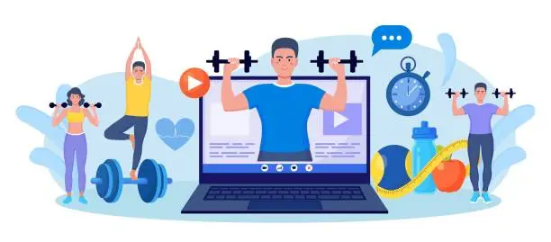 Vector illustration of Online sport lesson and fitness course on laptop screen. Sportive man training at home with sport equipment. Cardio, yoga and bodybuilding classes. Trainer conducts strength training using website