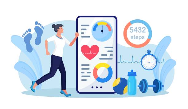 Sport woman using phone for counting steps. Step counter and pedometer activity app measurement. Person doing cardio training with heart beat monitoring device with daily footsteps information vector art illustration