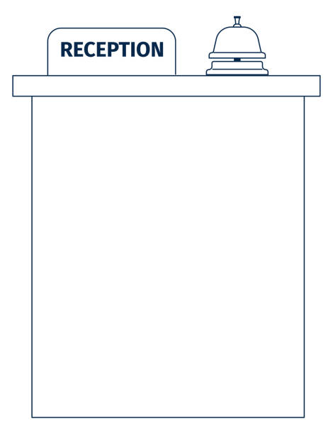 리셉션 아이콘입니다. 흰색으로 격리된 호텔 프런트 데스크 검은색 선 기호 - frontdesk stock illustrations
