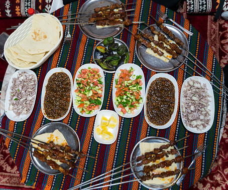 Southeast Anatolian culture dinner table. Salad appetizer service is viewed from above. Shot with a full frame camera.
