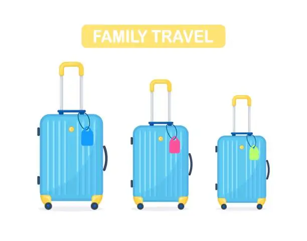 Vector illustration of Three blue modern suitcases. Luggage for family in vacation. Mom, dad and daughter or son with travel bag. One big baggage and two little with tag name