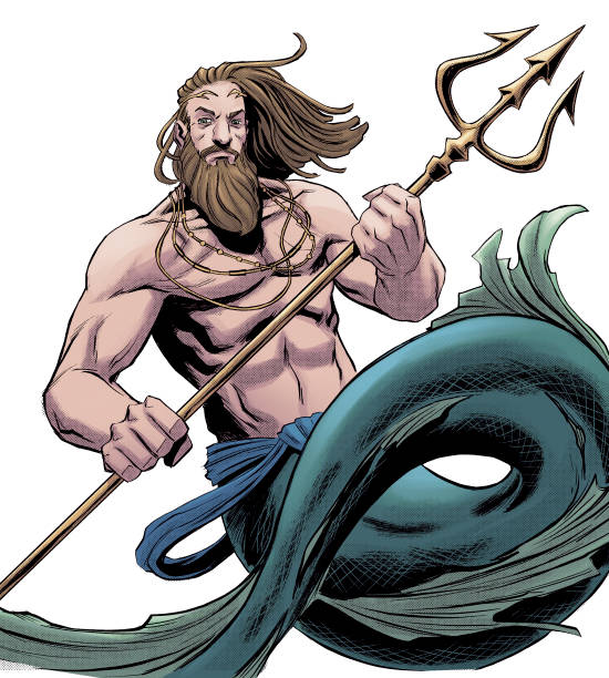 illustrations, cliparts, dessins animés et icônes de poséidon, dieu des mers dans la mythologie grecque tenant trident - triton