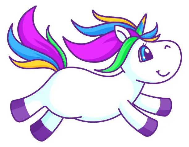 Vector illustration of Flying unicorn. Smiling fairytale creature. Magic horse