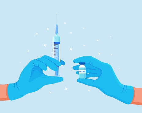 COVID-19 coronavirus vaccine. Doctor's hand in blue medical gloves hold medicine vaccine vial bottle and syringe. Vaccination concept
