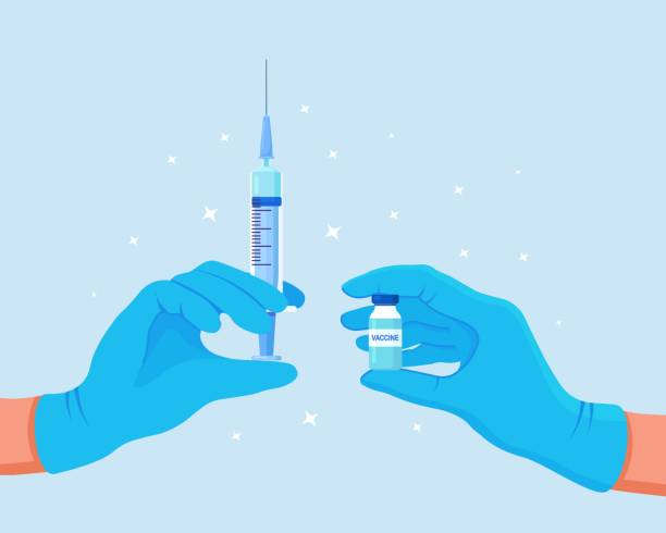 COVID-19 coronavirus vaccine. Doctor's hand in blue medical gloves hold medicine vaccine vial bottle and syringe. Vaccination concept vector art illustration