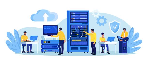 ilustrações, clipart, desenhos animados e ícones de administrador do sistema mantendo o servidor, ajustando a rede, o hardware do pc. sysadmin reparando o computador. administração, serviço de manutenção de data center. reparador fazendo trabalho técnico com rack de servidor - repairing computer technician service