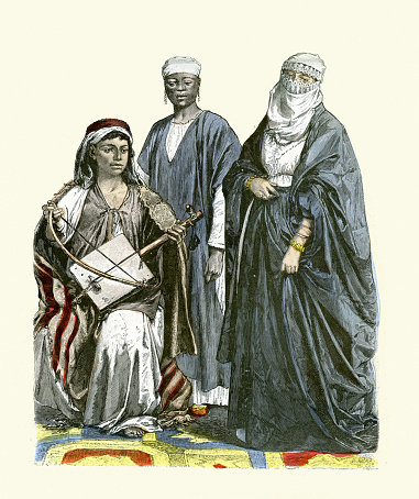Vintage illustration Traditional costume of Egypt 19th Century, Bedouin musician playing the Rebab, Slave and Woman in burqu, niqab, History of Fashion