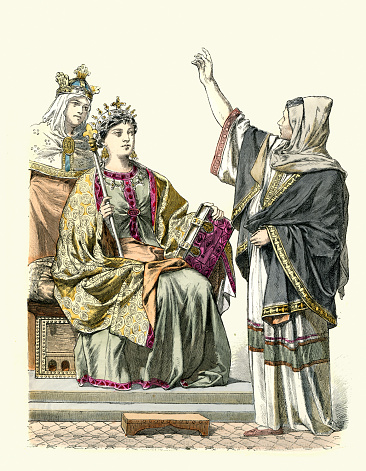 Vintage illustration Medieval fashion of Carolingian era, 700 to 800 AD, Queen and noblewoman, History of Fashion