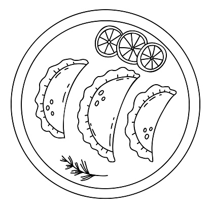 Mexican Empanadas on plate with lime slices. Vector linear hand drawing mexican food in doodle style. Latin American national dish for menu design, gastronomic recipes