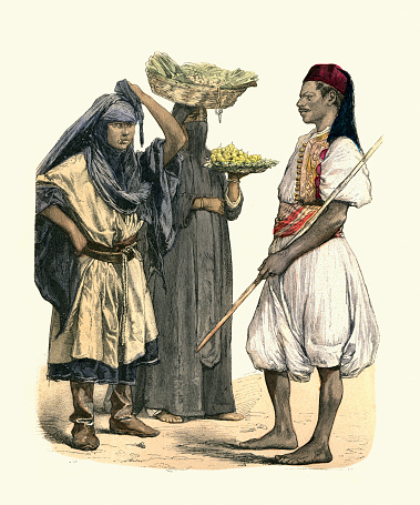 Vintage illustration Traditional costume of Egypt 19th Century, Bedouin girl, fruit seller, Messenger runner, History of Fashion