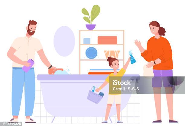 Gia Đình Cùng Nhau Dọn Dẹp Phòng Tắm Đứa Trẻ Giúp Đỡ Với Thói Quen ...