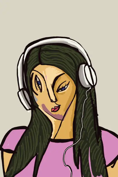 Vector illustration of Young girl is listening to music