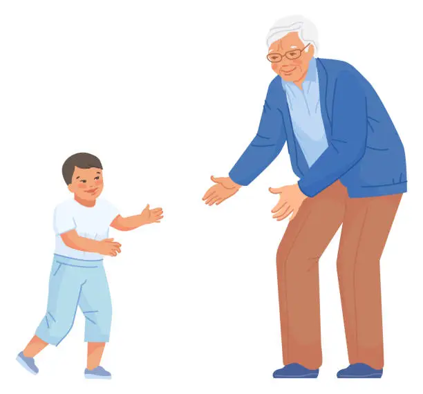 Vector illustration of Old man playing with little boy. Happy kid with grandfather