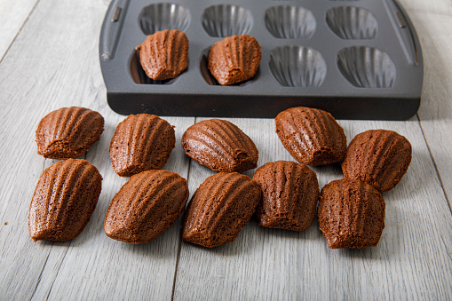 Delicious homemade chocolate Madeleines just out of the oven on wire rack