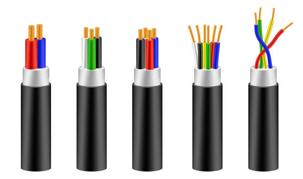 ilustrações, clipart, desenhos animados e ícones de conjunto de fios realistas cabos flexíveis isolados ou cabo cooper com borracha de isolamento. vetor eps. - cable tv cable television coaxial cable