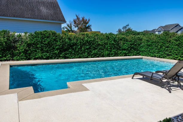 istock Rectangular new swimming pool with tan concrete edges in the fenced backyard of a new construction house 1446558073