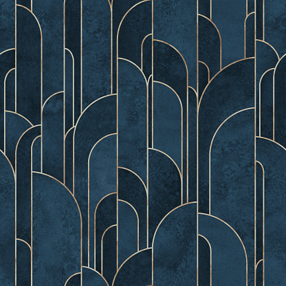 Art deco style abstract geometric forms seamless pattern background. Watercolor hand drawn dark teal elements and golden lines texture. Watercolour print for textile, wallpaper, wrapping paper