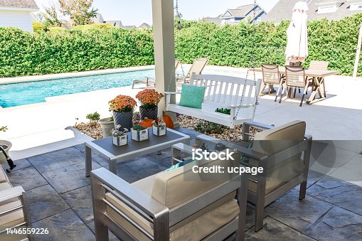 istock Covered outdoor patio in a new construction house home with guest seating 1446559226