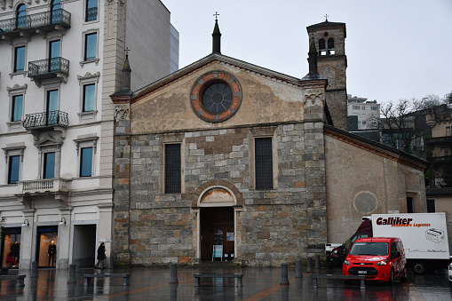 Lugano, Switzerland - December 19, 2019: The Church of Santa Maria degli Angioli (Santa Maria degli Angeli) on a rainy winter day.